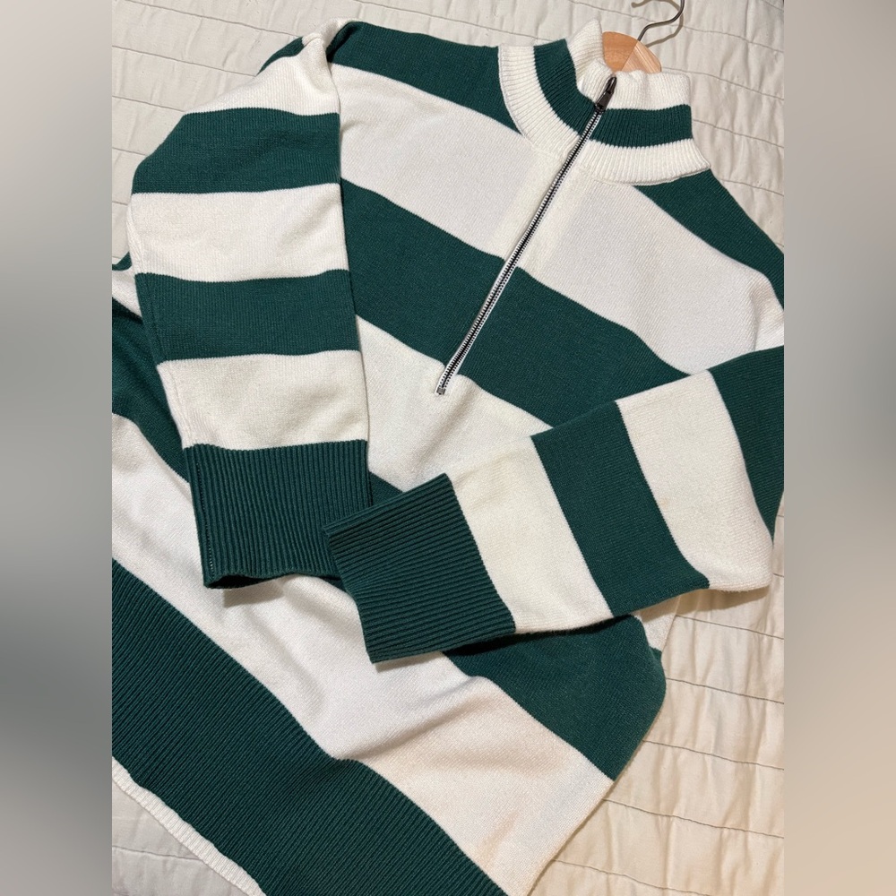Striped Half-Zip Sweater Pullover - Green & White